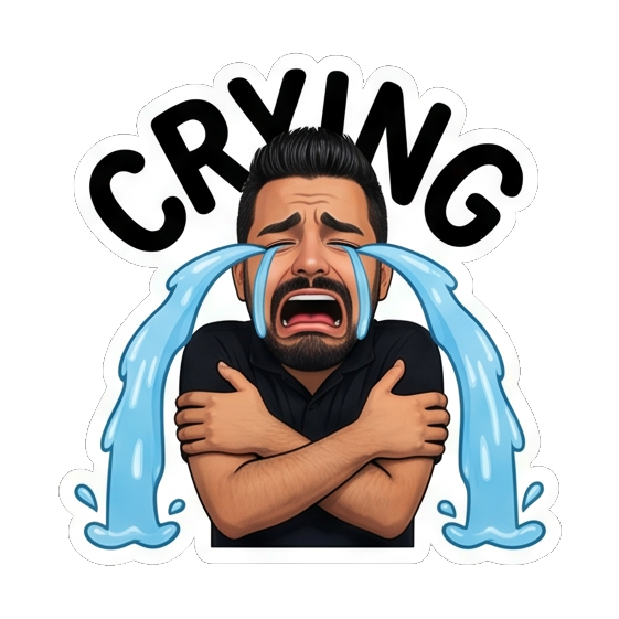 Man crying loudly with arms crossed, text CRYING Modern Man Daily Vibes sticker for expressive chats and social replies.