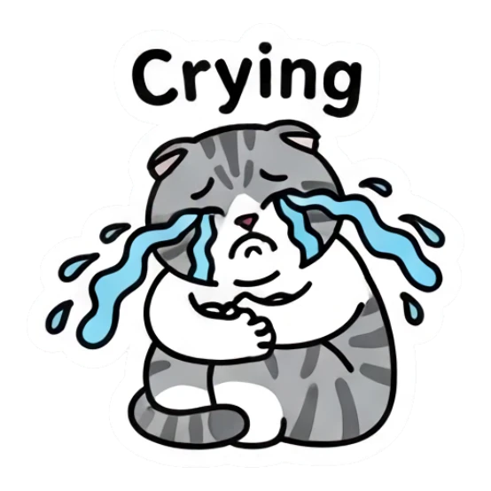 Sad gray cat crying with blue tears with text Crying Gray Tabby Moods sticker for expressive chats and social replies.