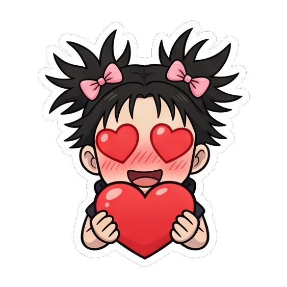 Ninja girl holding a red heart with heart-shaped eyes. Spiky Hair Ninja Girl sticker for expressive chats and social replies.