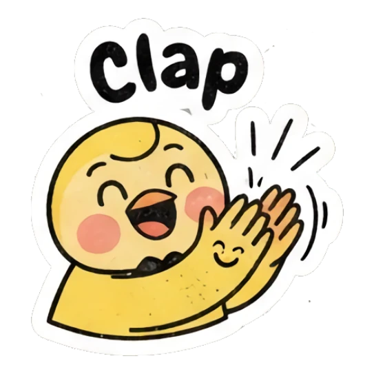 Happy yellow chick clapping hands, text Clap. Gritty Retro Chick sticker for expressive chats and social replies.