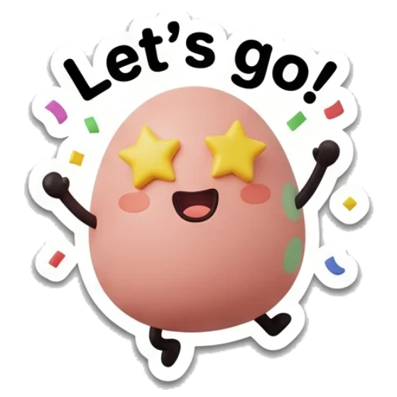 Pink egg with star eyes looking excited with text Let's go! Pink Egg Moods sticker for expressive chats and social replies.