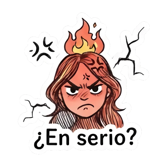 Angry girl with flames on her head, text '¿En serio?' Daily Doodle Girl Vibes sticker for expressive chats and social replies.