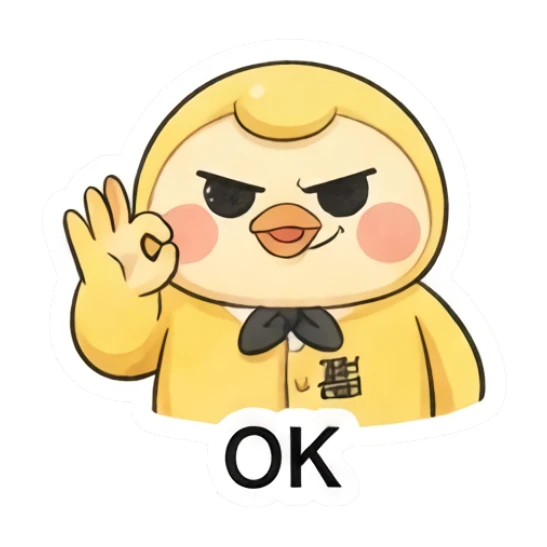 Yellow duckling making an OK gesture with a confident smirk. Little Yellow Duckling Moods sticker for expressive chats and social replies.