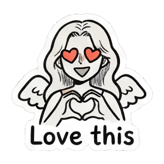 Angel girl making a heart shape with hands and heart eyes. Little Angel Doodle Diary sticker for expressive chats and social replies.