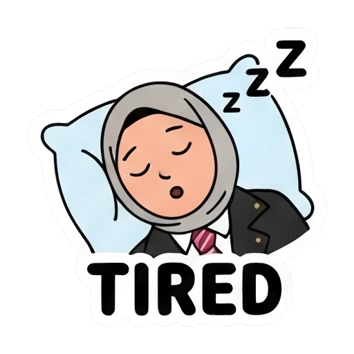 Hijabi student sleeping on pillow, TIRED text Hijabi Student Daily Life sticker for expressive chats and social replies.