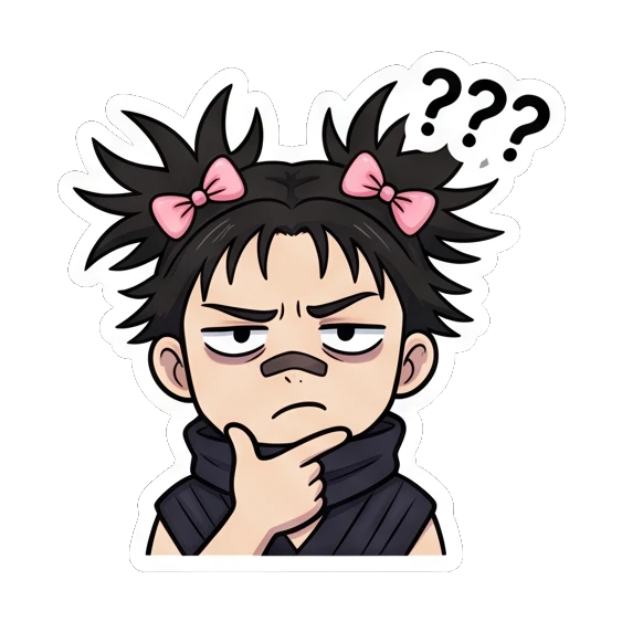 Ninja girl thinking with a confused expression and question marks. Spiky Hair Ninja Girl sticker for expressive chats and social replies.