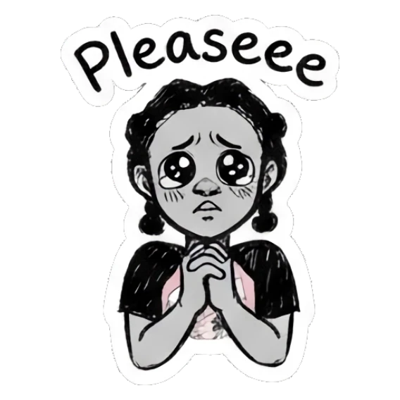 Girl with pleading eyes and hands together, begging expression, text 'Pleaseee' Doodle Girl Expressions sticker for expressive chats and social replies.