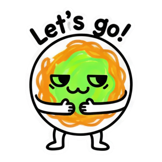 Noodle character looking determined with 'Let's go!' text Noodle Doodle Pals sticker for expressive chats and social replies.