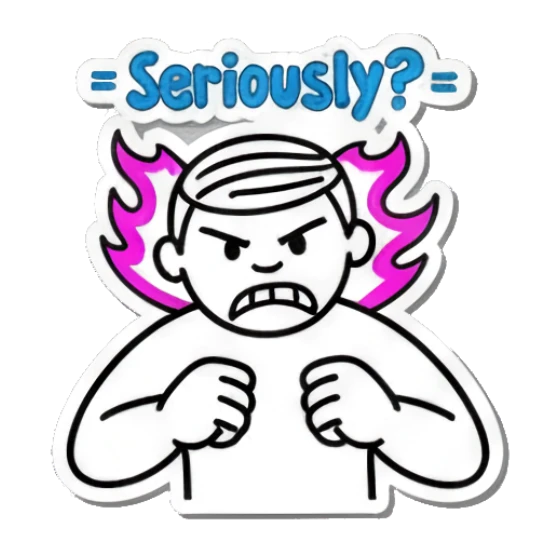 Boy looking angry with pink fire and text Seriously Keith Haring Style Doodles sticker for expressive chats and social replies.