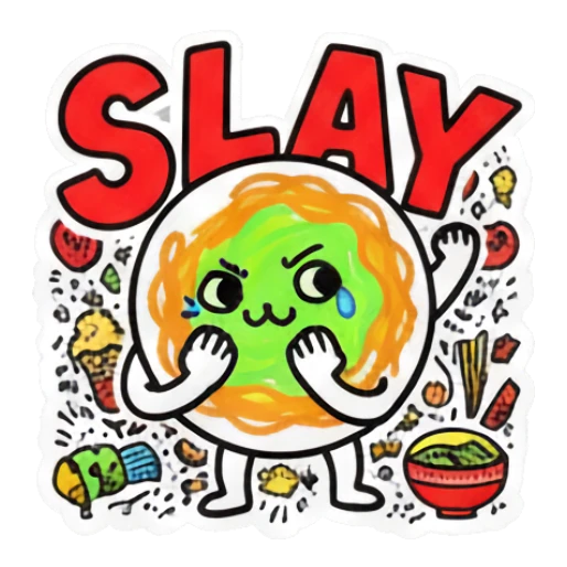 Circular food character crying with 'SLAY' text Doodle Foodie Vibes sticker for expressive chats and social replies.