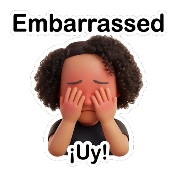 Curly hair girl blushing and covering face with hands with text Embarrassed Curly Hair Girl Daily Vibes sticker for expressive chats and social replies.