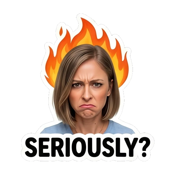 Mom looking annoyed with a fire effect above her head. Mally Mom Daily Life sticker for expressive chats and social replies.