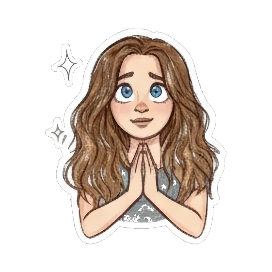 Curly-haired girl praying with a hopeful expression. Curly Haired Girl Moods sticker for expressive chats and social replies.