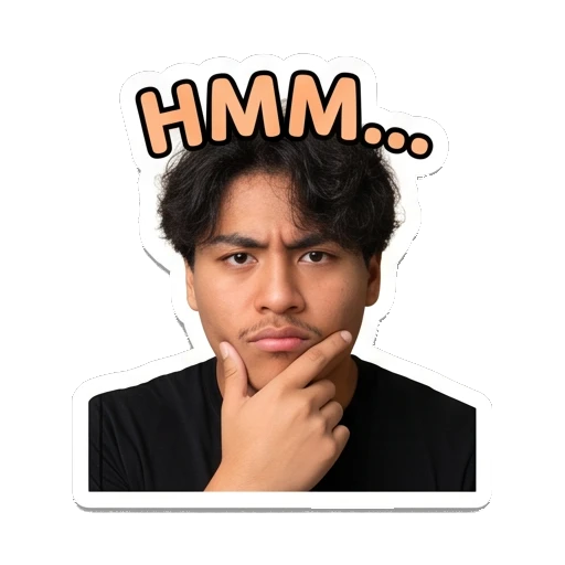 Young man thinking with hand on chin, text 'HMM...' Daily Life of a Cool Guy sticker for expressive chats and social replies.
