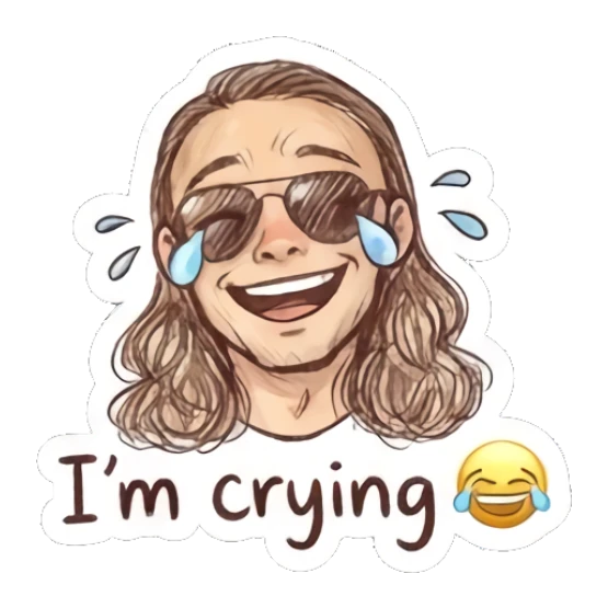 Man laughing with tears of joy, text 'I'm crying' Cool Long-Haired Guy Vibes sticker for expressive chats and social replies.