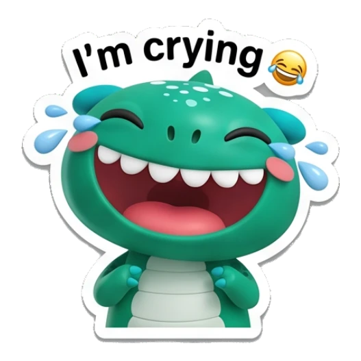 Teal dino laughing and crying with I'm crying text. Teal Dino Daily Moods sticker for expressive chats and social replies.