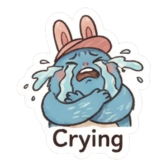 Blue bunny crying loudly with text Crying Furry Blue Bunny Buddy sticker for expressive chats and social replies.