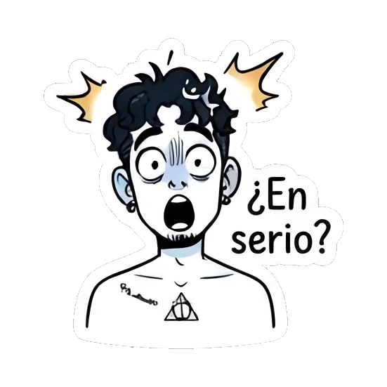Shocked boy with wide eyes and '¿En serio?' text. Curly Haired Boy Daily Vibes sticker for expressive chats and social replies.