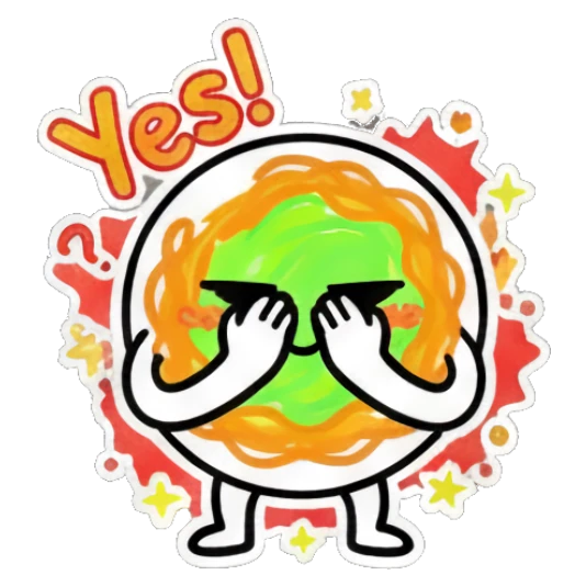 Spaghetti character covering eyes with hands and 'Yes!' text. Spaghetti Doodle Pals sticker for expressive chats and social replies.