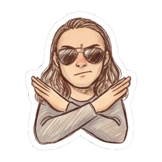 Man crossing arms in a firm 'no' gesture, text 'No' Cool Long-Haired Guy Vibes sticker for expressive chats and social replies.