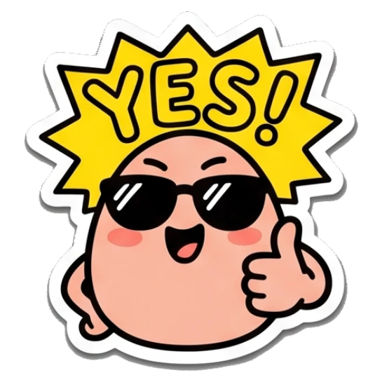 Happy egg character wearing sunglasses giving a thumbs up with text YES! Egg-cellent Moods sticker for expressive chats and social replies.