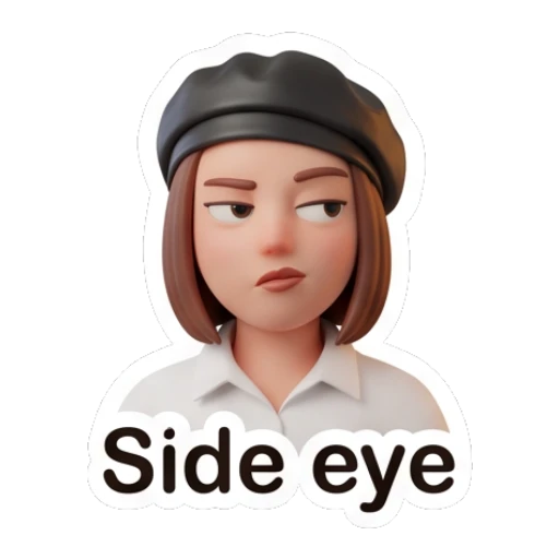 Skeptical girl in beret giving a side-eye look, text Side eye. Chic Beret Girl sticker for expressive chats and social replies.