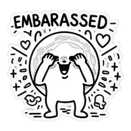Round doodle character looking embarrassed with hands on face and 'EMBARASSED' text. Doodle Doodle Expressions sticker for expressive chats and social replies.