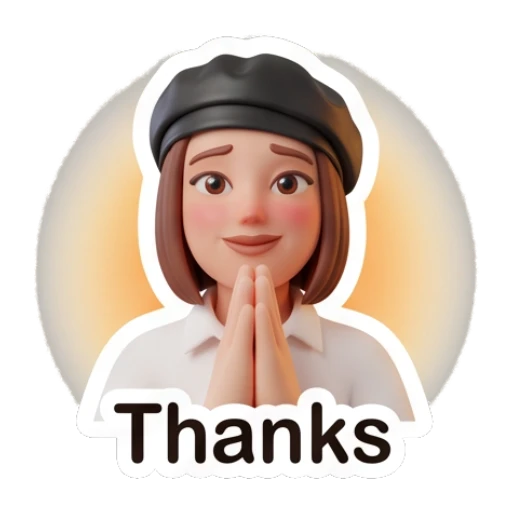 Grateful girl in beret with hands pressed together, text Thanks. Chic Beret Girl sticker for expressive chats and social replies.