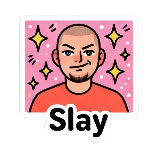 Confident buzz-cut man with sparkles, text Slay. Buzz Cut Guy Daily Vibes sticker for expressive chats and social replies.