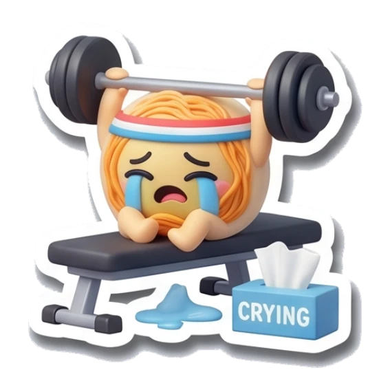 Noodle character crying while lifting heavy barbell with CRYING box Gym Buddy Noodles sticker for expressive chats and social replies.
