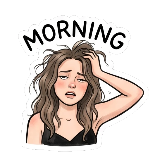 Tired girl with messy hair, text MORNING Daily Moods of a Girl sticker for expressive chats and social replies.