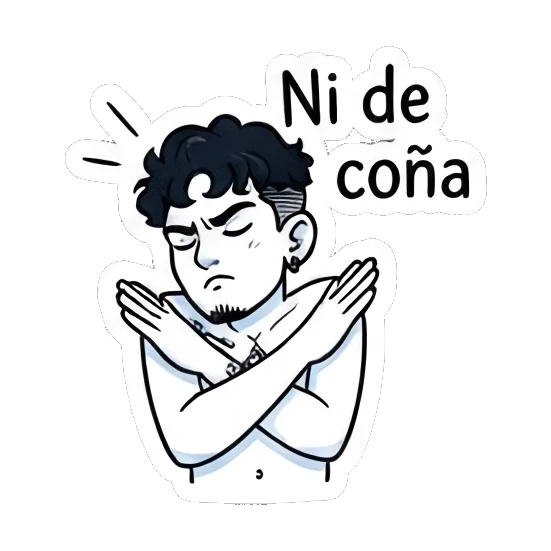 Boy crossing arms in rejection with 'Ni de coña' text. Curly Haired Boy Daily Vibes sticker for expressive chats and social replies.