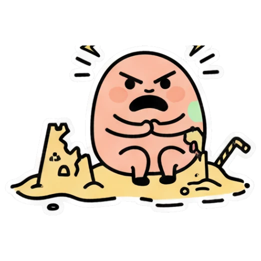 Pink egg character looking angry at a sandcastle, text SERIOUSLY Little Pink Egg Adventures sticker for expressive chats and social replies.