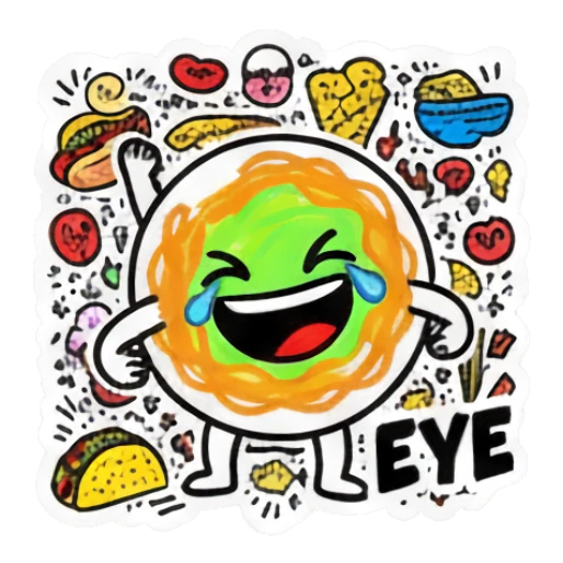 Circular food character laughing with 'EYE' text Doodle Foodie Vibes sticker for expressive chats and social replies.