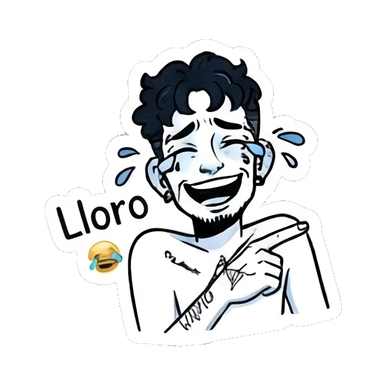 Laughing boy pointing and crying with 'Lloro' text. Curly Haired Boy Daily Vibes sticker for expressive chats and social replies.