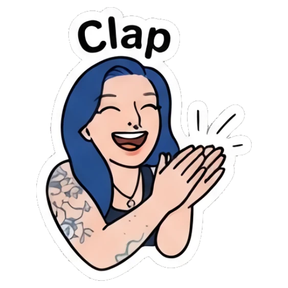 Excited girl clapping her hands together saying Clap. Blue Hair Girl Daily Life sticker for expressive chats and social replies.
