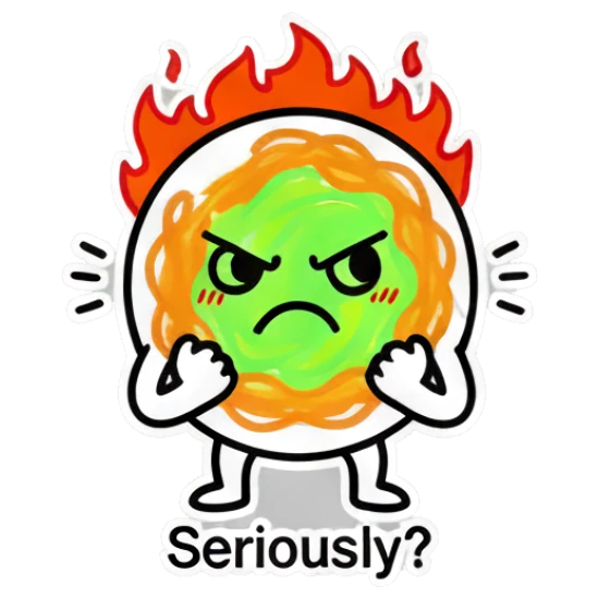 Noodle character looking angry with fire and 'Seriously?' text Noodle Buddy Emotions sticker for expressive chats and social replies.
