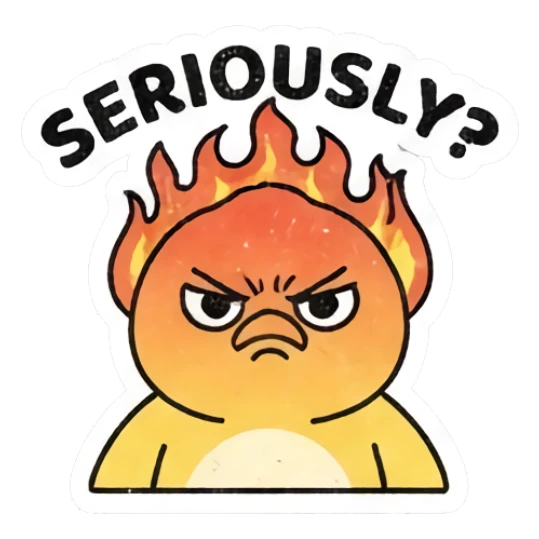 Angry yellow chick with flames on head Gritty Retro Chick sticker for expressive chats and social replies.