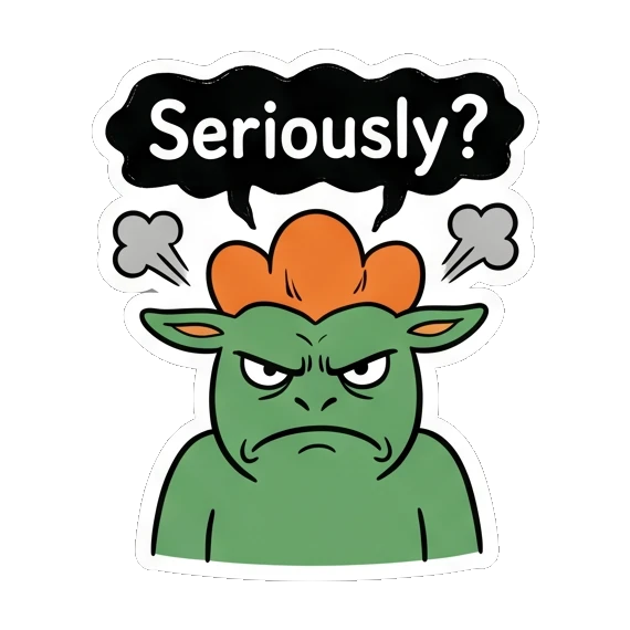 Angry green goblin with steam from ears, text Seriously? Green Goblin Mischief sticker for expressive chats and social replies.