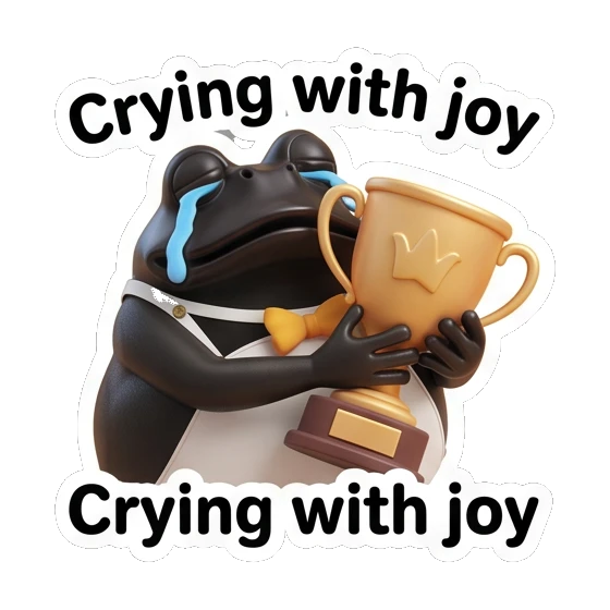 Frog holding a golden trophy with tears of joy, text Crying with joy Fancy Frog Sports Club sticker for expressive chats and social replies.