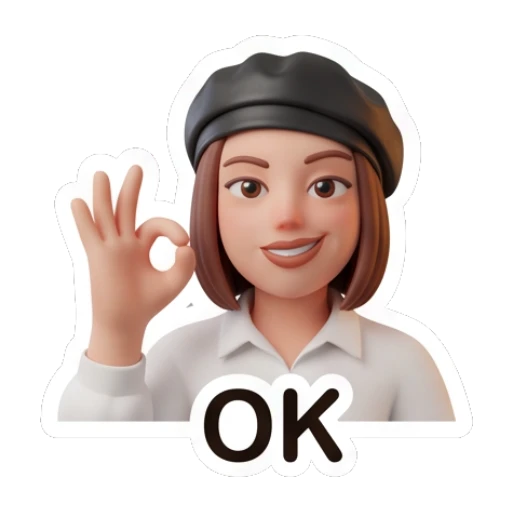 Stylish girl in beret making an OK gesture with a confident smile. Chic Beret Girl sticker for expressive chats and social replies.