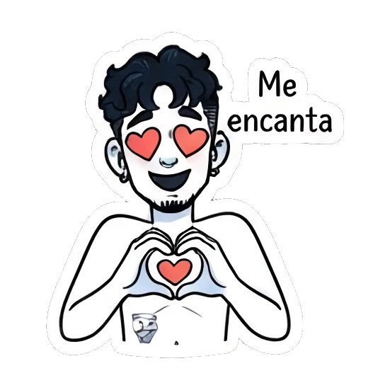 Happy boy making a heart shape with hands and 'Me encanta' text. Curly Haired Boy Daily Vibes sticker for expressive chats and social replies.