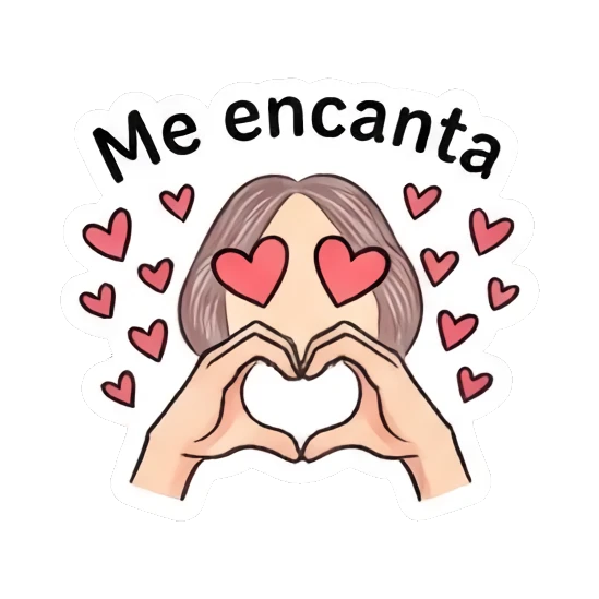 Girl making a heart shape with hands, text 'Me encanta' Daily Doodle Girl Vibes sticker for expressive chats and social replies.