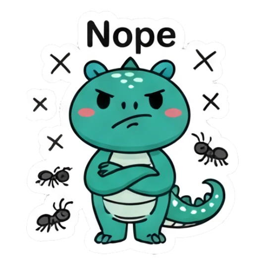 Annoyed green dinosaur with arms crossed and text Nope Dino Pop Expressions sticker for expressive chats and social replies.