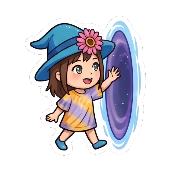 Girl in blue hat waving goodbye near a portal Summer Hat Girl Adventures sticker for expressive chats and social replies.