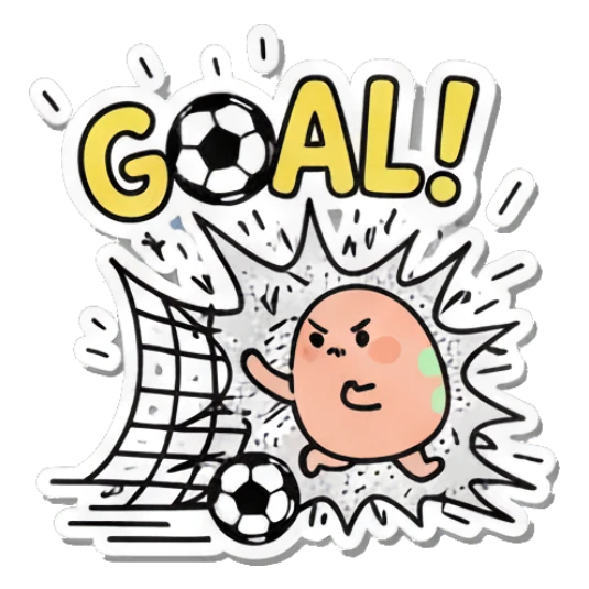 Sporty egg scoring a goal with 'GOAL!' text. Little Egg Emotions sticker for expressive chats and social replies.