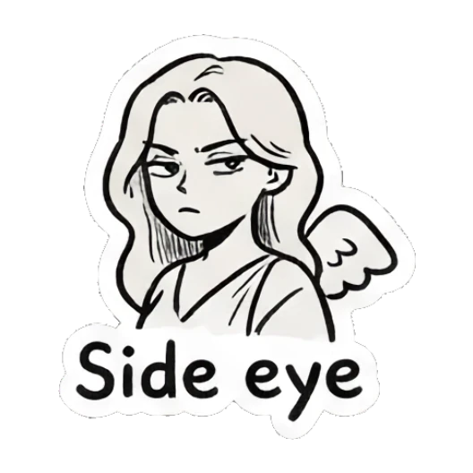 Angel girl giving a suspicious side-eye glance. Little Angel Doodle Diary sticker for expressive chats and social replies.