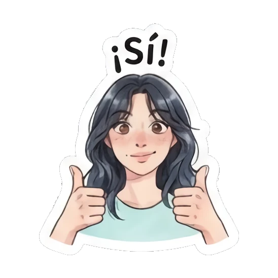Girl giving two thumbs up, text 'Sí' Modern Spanish Girl Expressions sticker for expressive chats and social replies.
