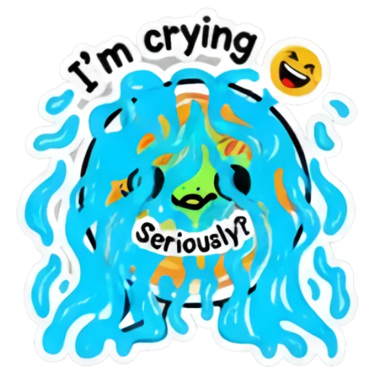 Overwhelmed noodle character crying a flood of blue tears. Spicy Noodle Moods sticker for expressive chats and social replies.