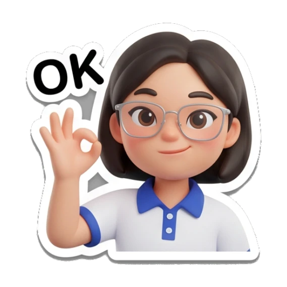 Girl with glasses making an OK hand gesture, smiling confidently. Cheerful Glasses Girl Daily sticker for expressive chats and social replies.